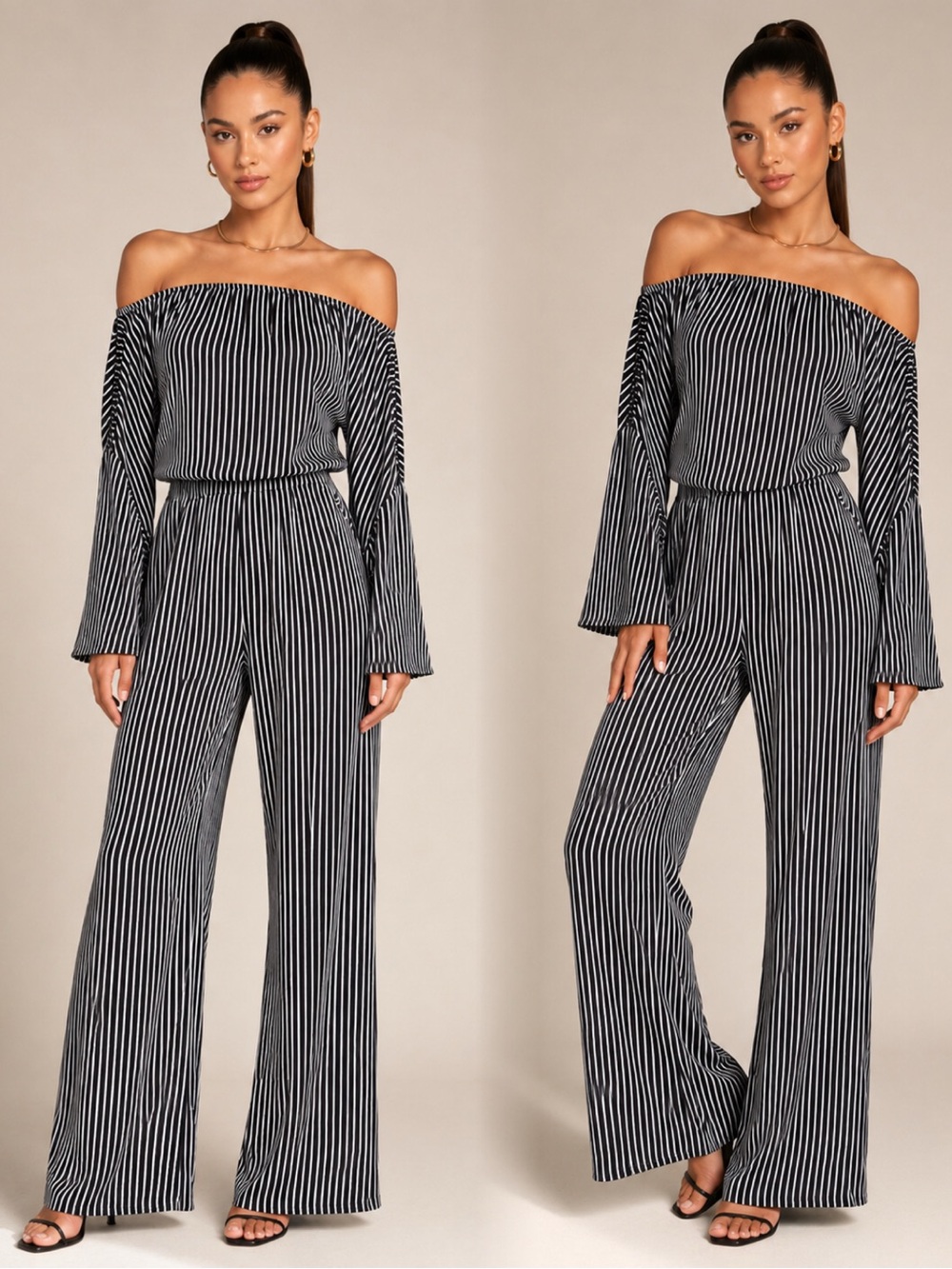 Lani Black & White Striped Off-Shoulder Wide Leg Jumpsuit